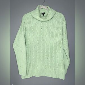 Talbots Sweater Womens XL Green Cable Knit Cowl Turtleneck Cotton Blend Casual